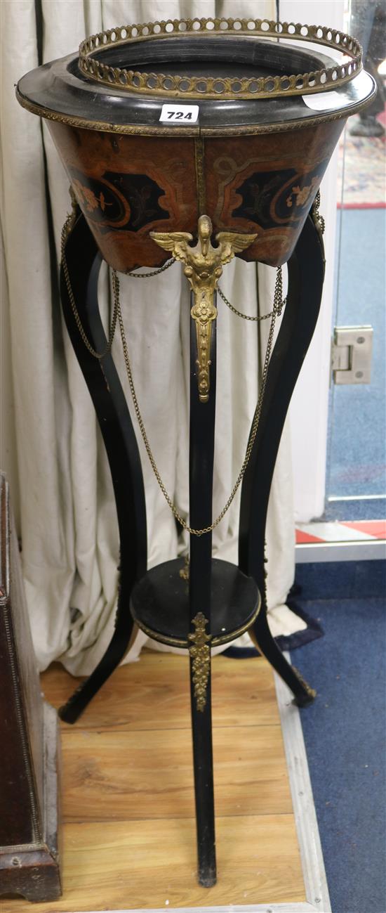 A French ebonised and marquetry jardiniere, H.95cm